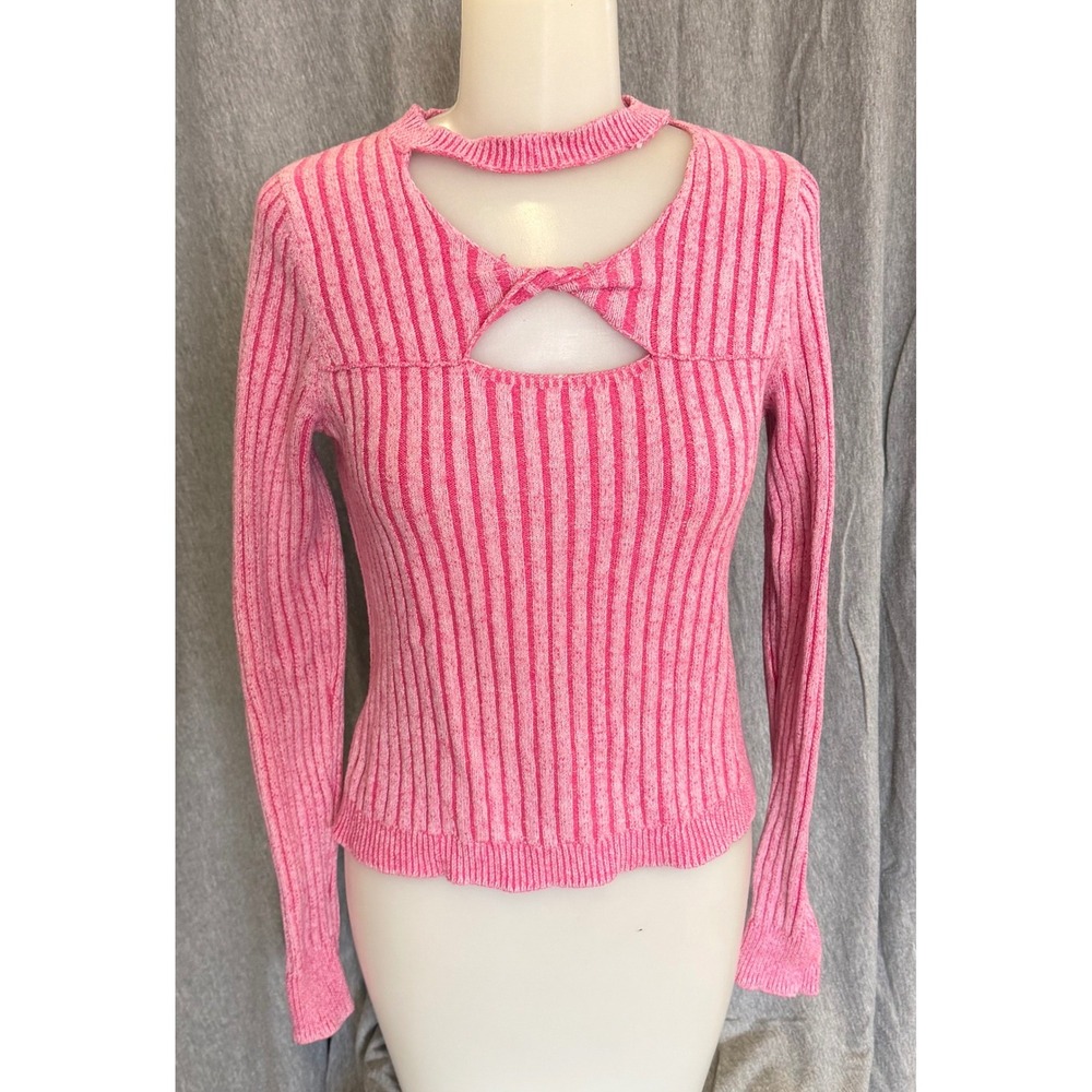 Willow Root Women Medium Knit Top  Pink Striped‎ Cutout Keyhole Ribbed Sweater